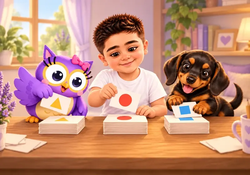 Alparslan, Hoot and Dobi sort picture cards.