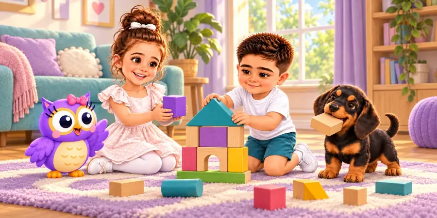 Güneş ve Alparslan, Hoot ve Dobi ile renkli bloklardan ev kuruyor.