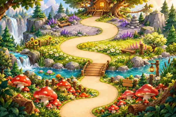 A colorful forest path leading to a treehouse.