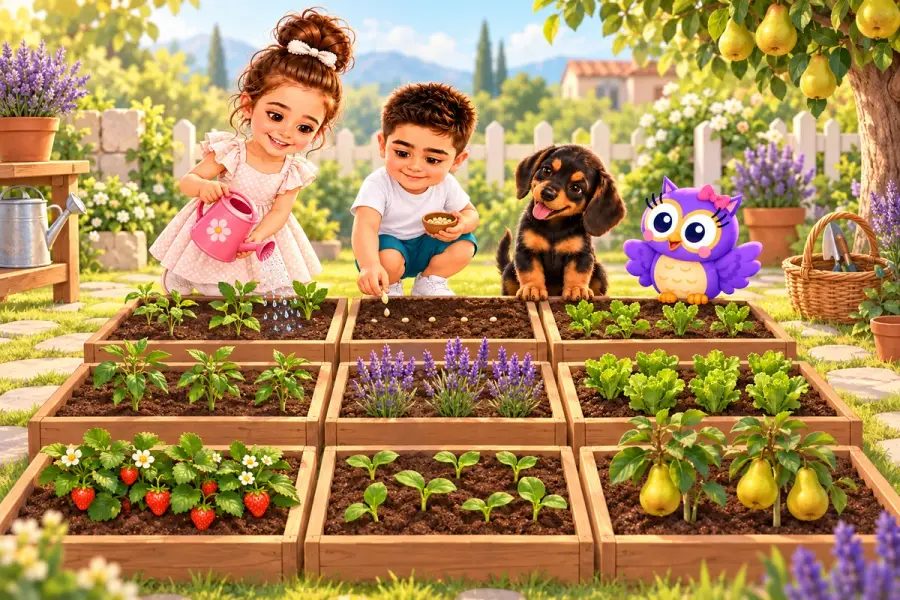 Güneş and Alparslan plant a garden with Dobi and Hoot.