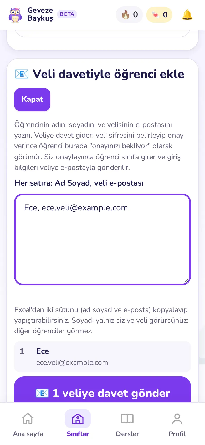 Veli davetiyle öğrenci nasıl eklenir?