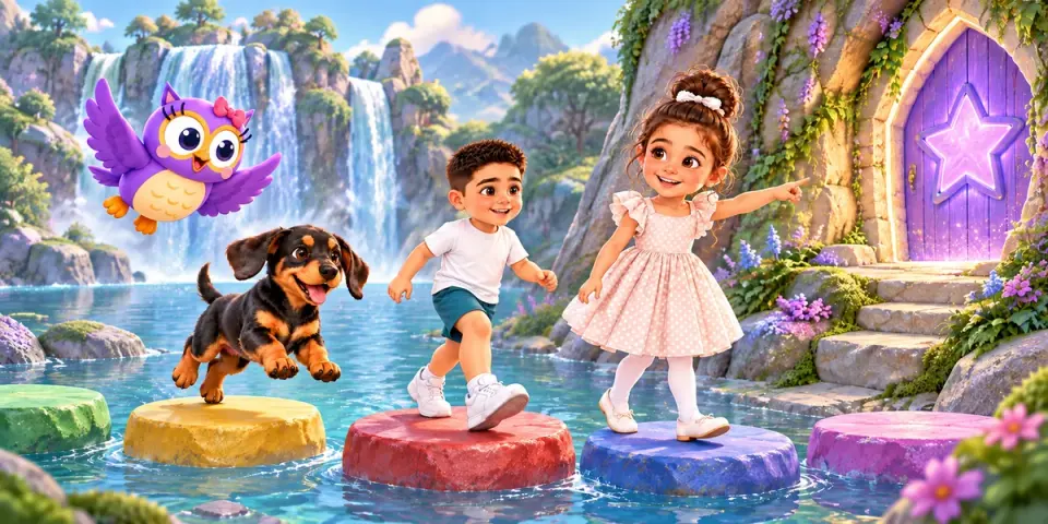 Güneş and Alparslan explore a colorful learning path with Hoot and Dobi.