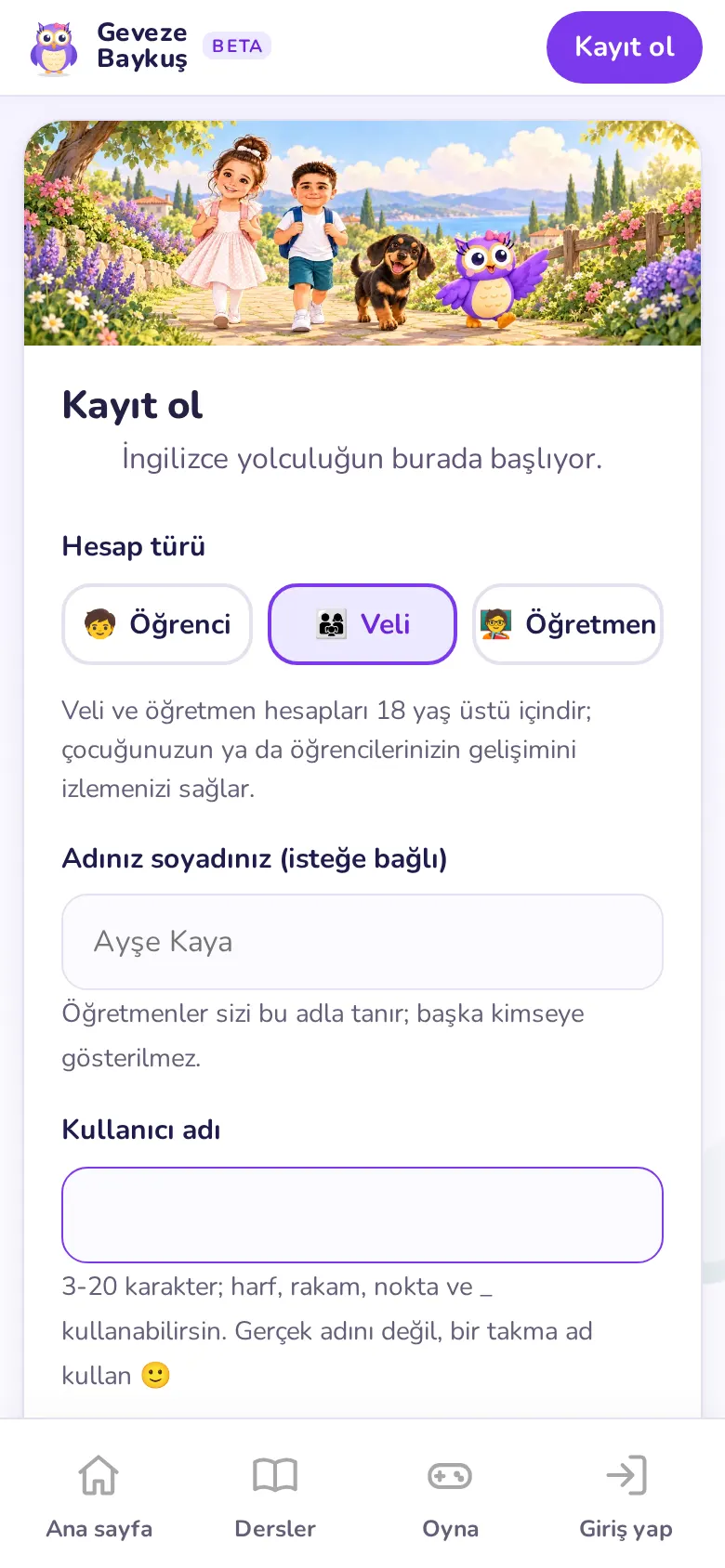 Veli hesabınızı açın