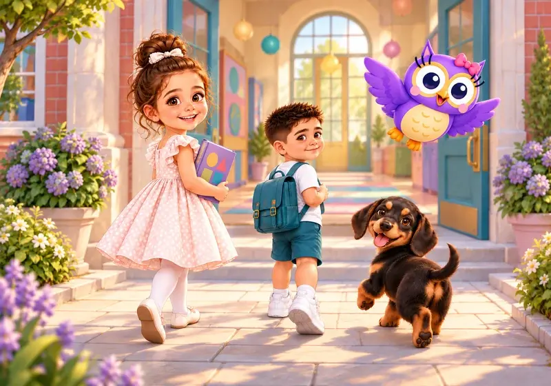 Güneş, Alparslan, Hoot ve Dobi okul kapısına birlikte yürüyor.