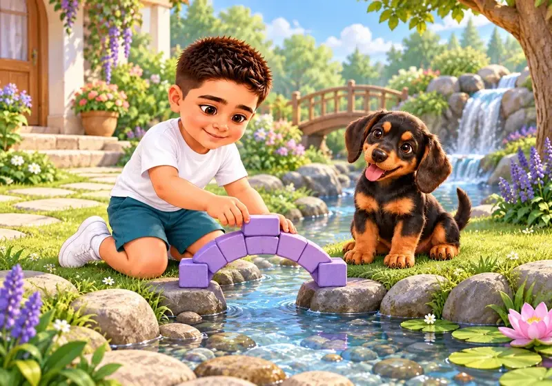 Alparslan builds a bridge with colorful blocks while Dobi watches.