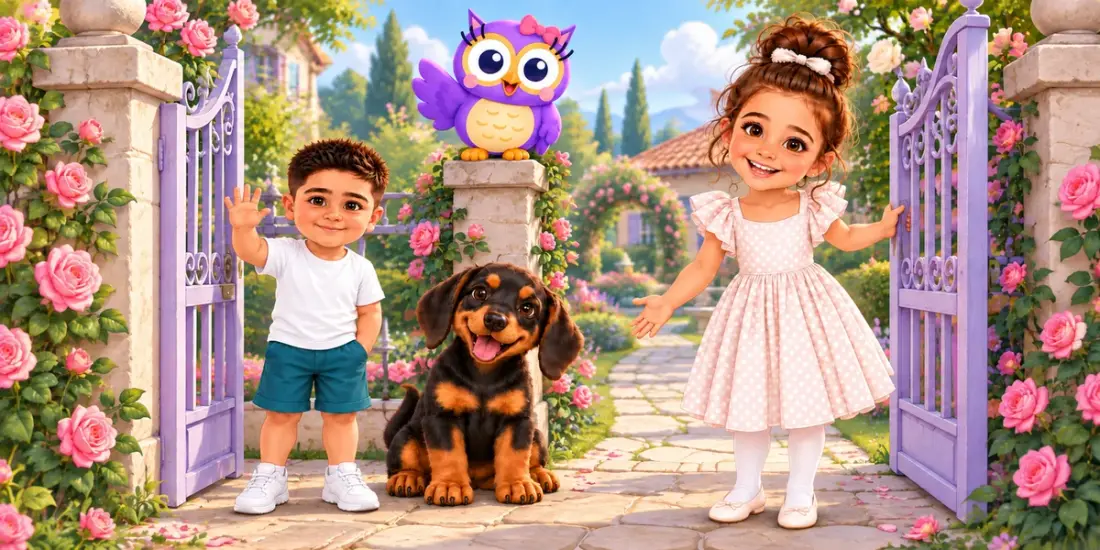 Güneş, Alparslan, purple Hoot and Dobi welcome you at a flower-filled garden gate.